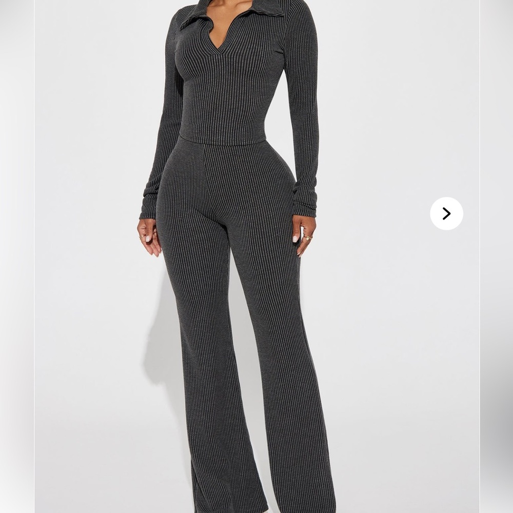 Josie Ribbed Long Sleeve Pant Set - Charcoal